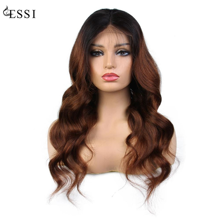 Elastic band brazilian hair glueless two tone color body wave ombre hair 1b 4 lace front wig